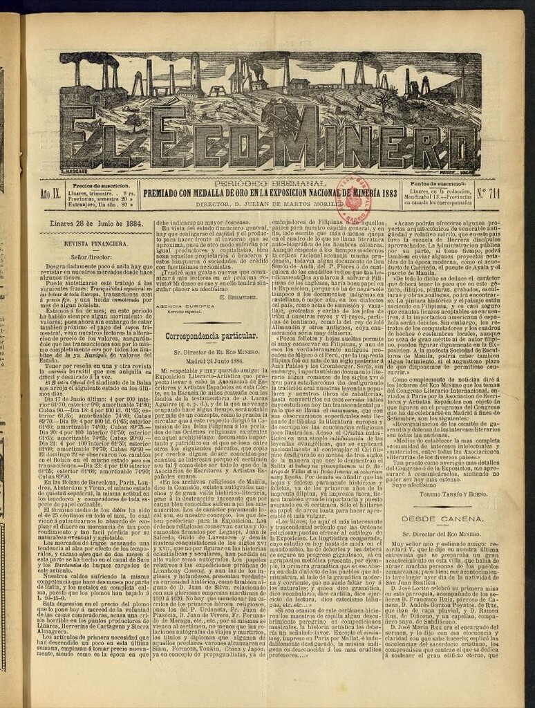 Miniatura de El Eco Minero : periódico bisemanal del 28 de junio de 1884, nº 711
