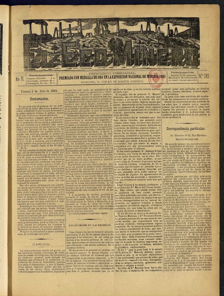 Miniatura de El Eco Minero : periódico bisemanal del 3 de julio de 1884, nº 712