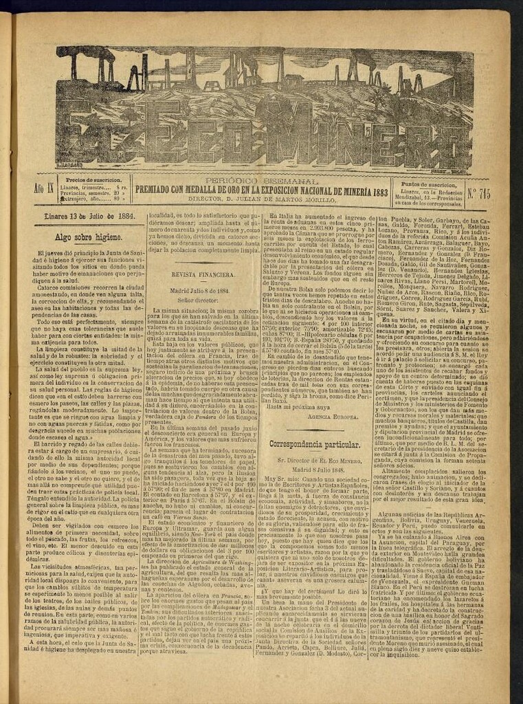 Miniatura de El Eco Minero : periódico bisemanal del 13 de julio de 1884, nº 715
