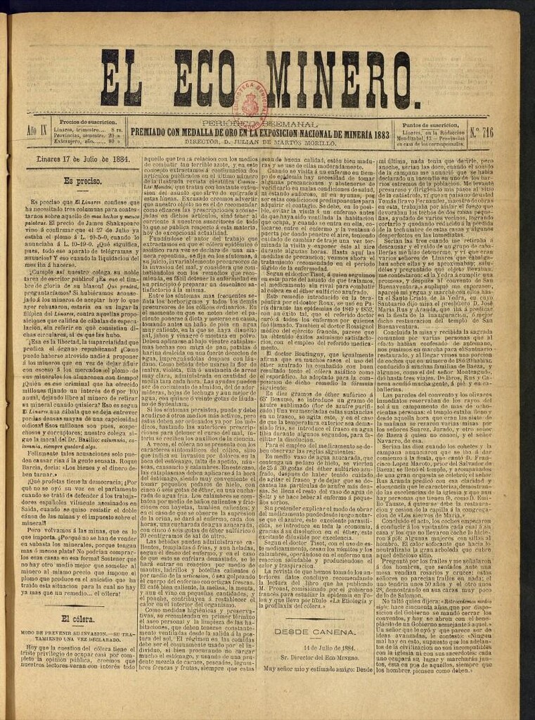 Miniatura de El Eco Minero : periódico bisemanal del 17 de julio de 1884, nº 716