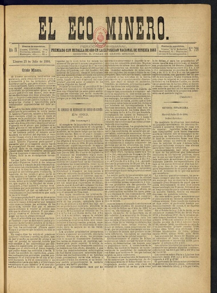 Miniatura de El Eco Minero : periódico bisemanal, del 25 de julio de 1884, nº 718