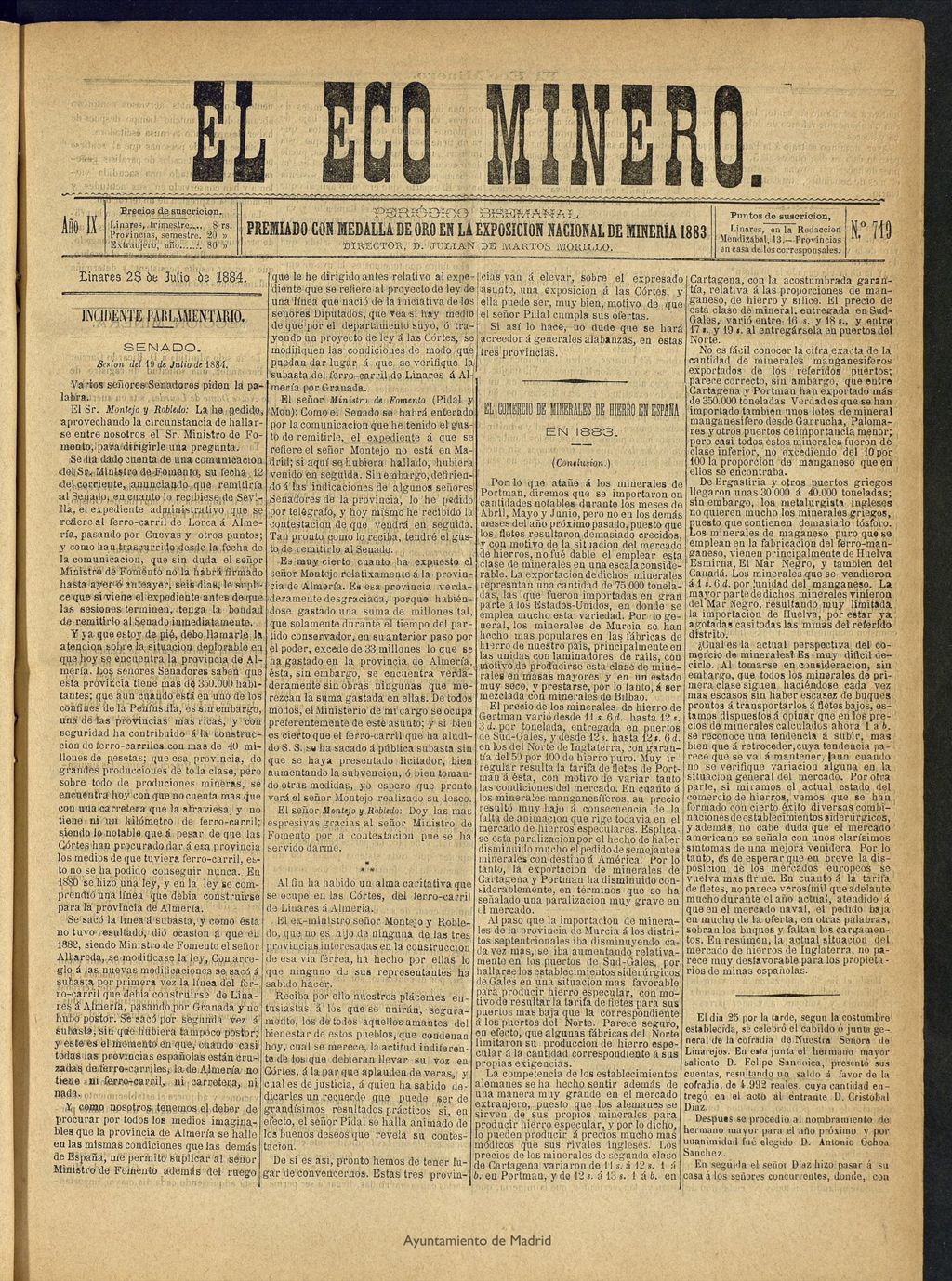 Miniatura de El Eco Minero : periódico bisemanal, del 28 de julio de 1884, nº 719