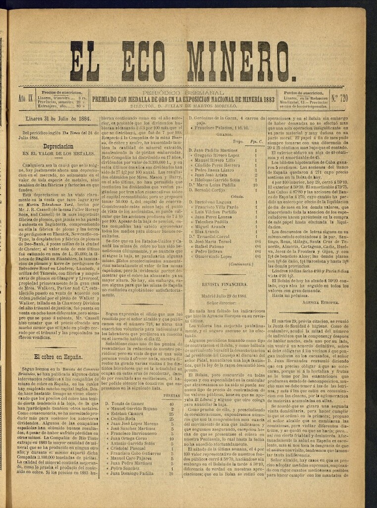 Miniatura de El Eco Minero : periódico bisemanal del 31 de julio de 1884, nº 720