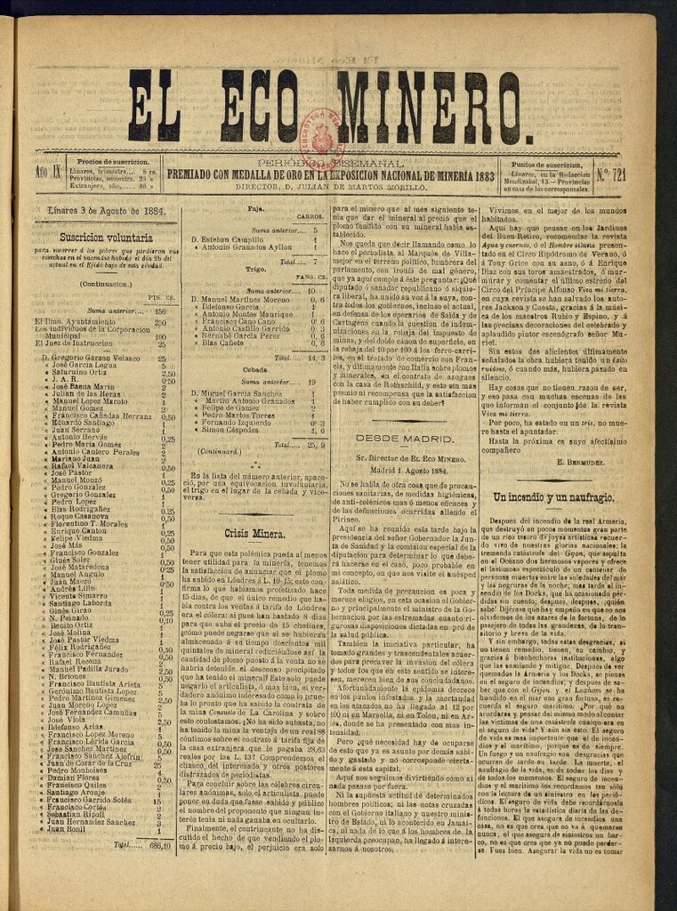 Miniatura de El Eco Minero : periódico bisemanal del 3 de agosto de 1884, nº 721