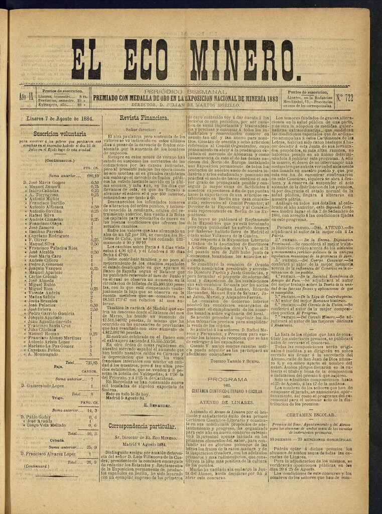 Miniatura de El Eco Minero : periódico bisemanal del 7 de agosto de 1884, nº 722