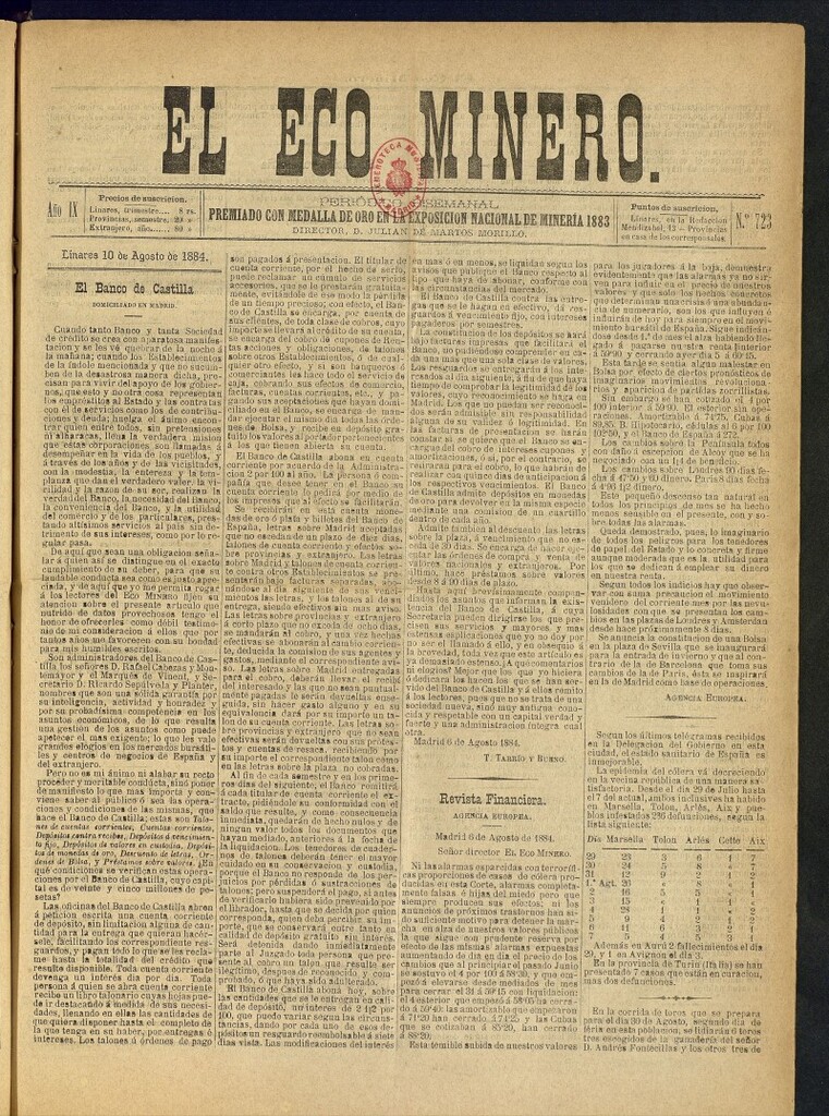 Miniatura de El Eco Minero : periódico bisemanal del 10 de agosto de 1884, nº 723