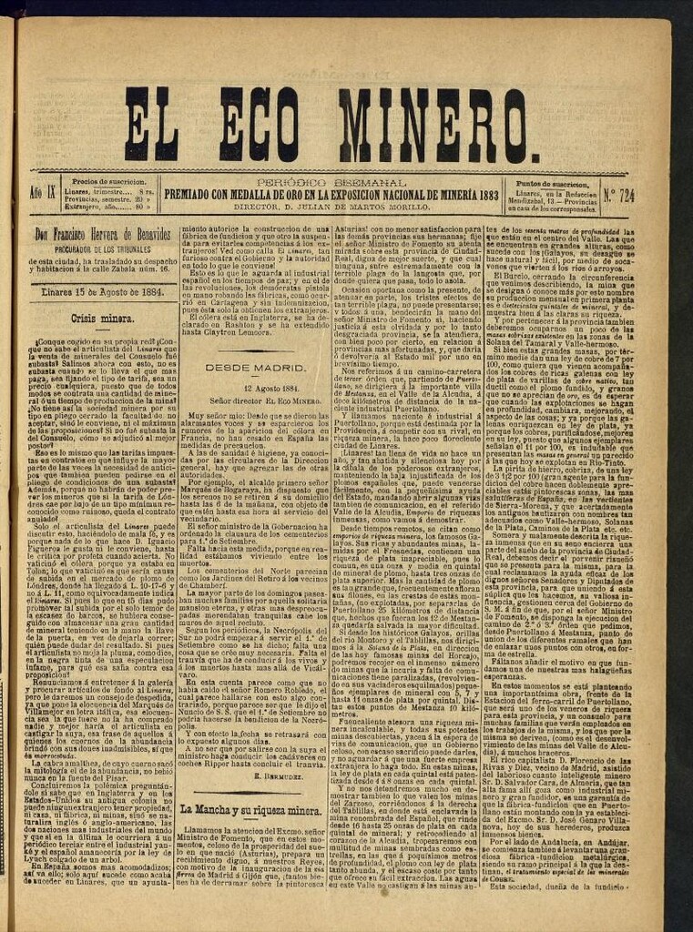 Miniatura de El Eco Minero : periódico bisemanal del 15 de agosto de 1884, nº 724