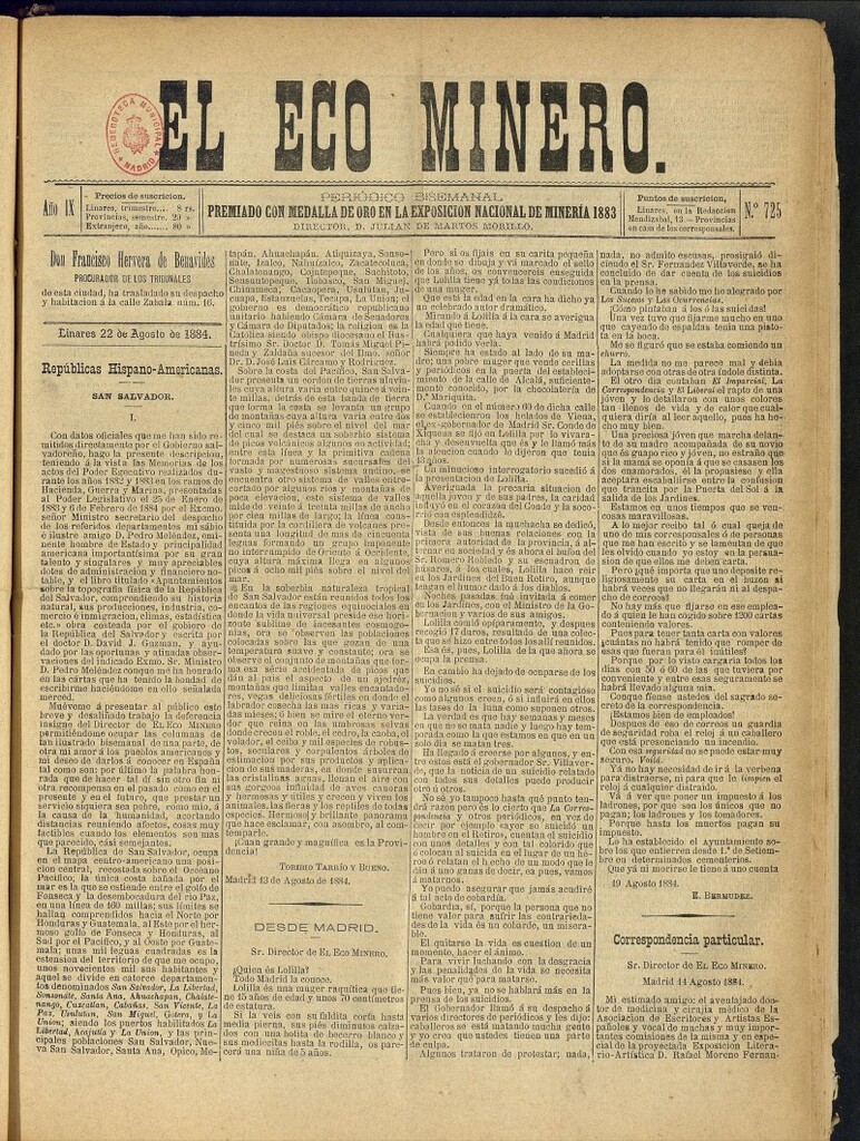 Miniatura de El Eco Minero : periódico bisemanal del 22 de agosto de 1884, nº 725