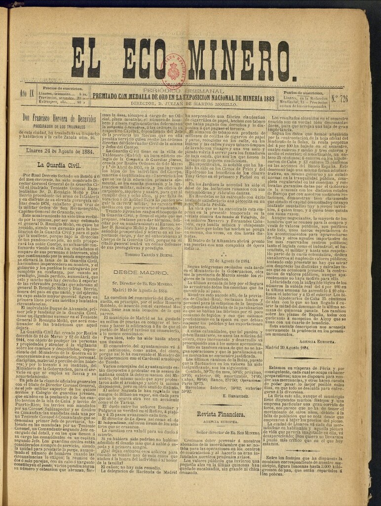 Miniatura de El Eco Minero : periódico bisemanal del 24 de agosto de 1884, nº 726