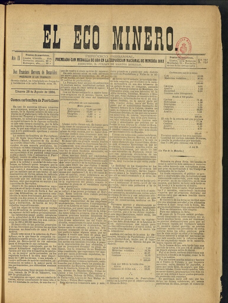 Miniatura de El Eco Minero : periódico bisemanal del 28 de agosto de 1884, nº 727