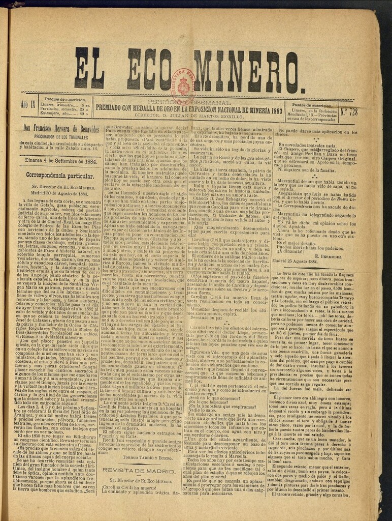 Miniatura de El Eco Minero : periódico bisemanal del 4 de septiembre de 1884, nº 728