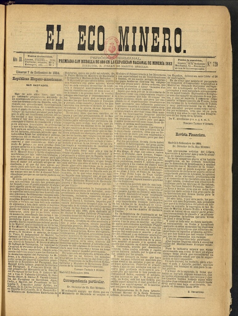 Miniatura de El Eco Minero : periódico bisemanal del 7 de septiembre de 1884, nº 729