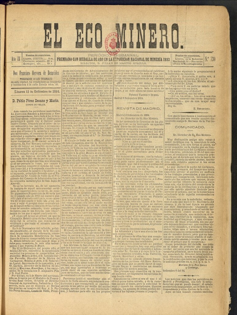 Miniatura de El Eco Minero : periódico bisemanal del 11 de septiembre de 1884, nº 730