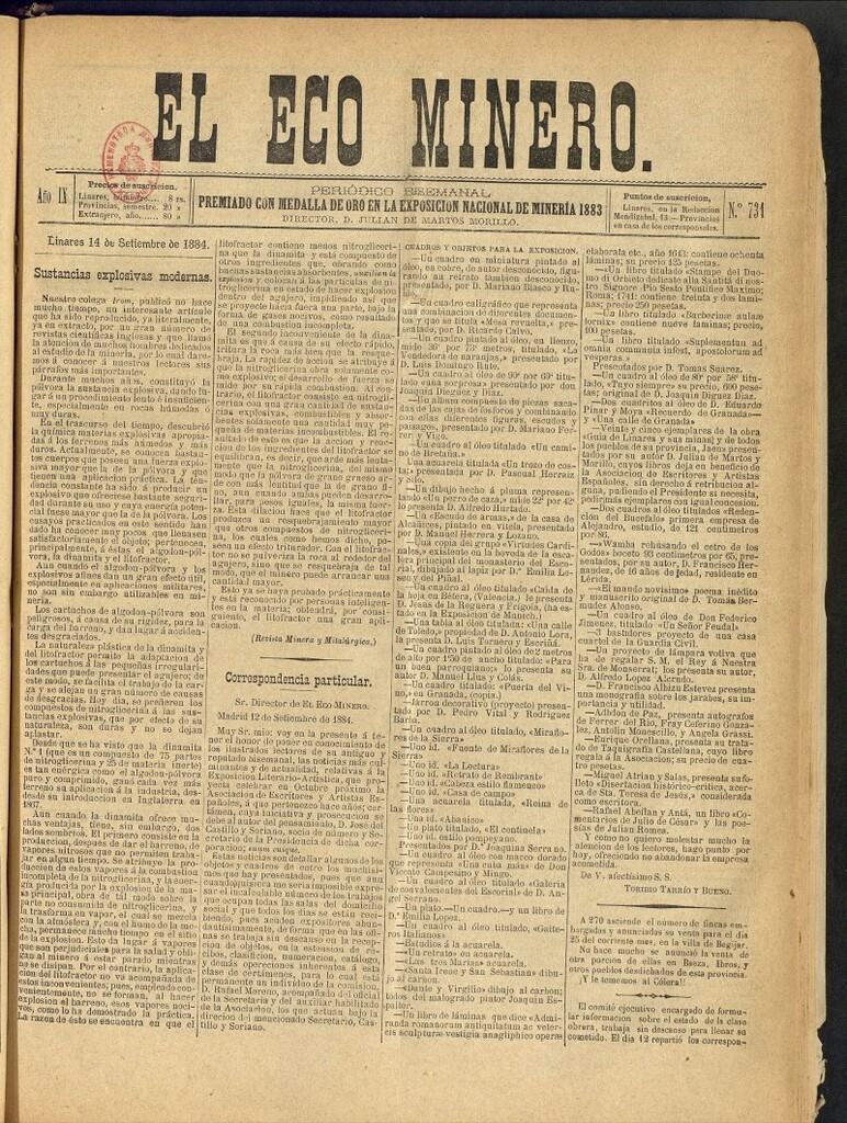 Miniatura de El Eco Minero : periódico bisemanal del 14 de septiembre de 1884, nº 731