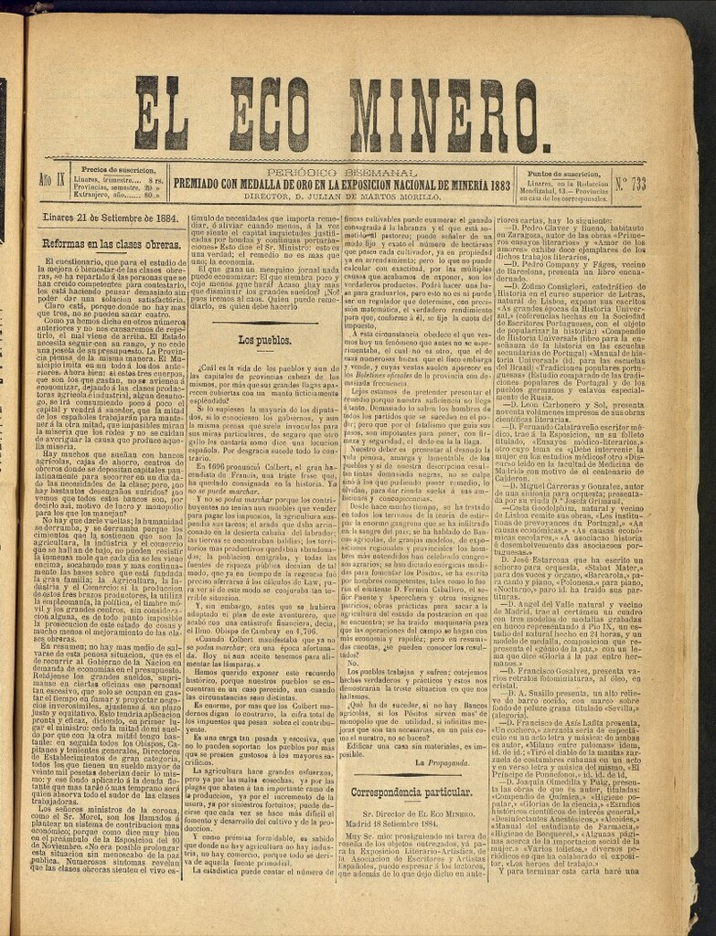 Miniatura de El Eco Minero : periódico bisemanal del 21 de septiembre de 1884, nº 733