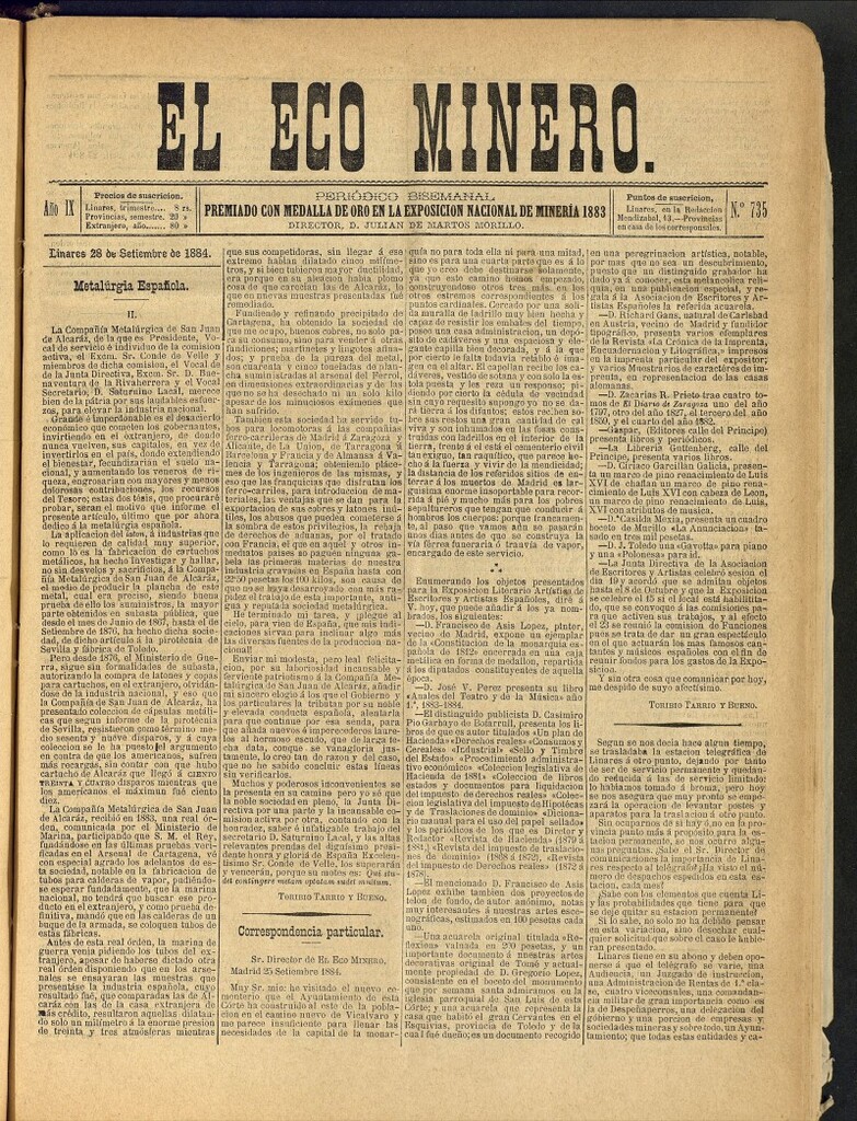 Miniatura de El Eco Minero : periódico bisemanal del 28 de septiembre de 1884, nº 735