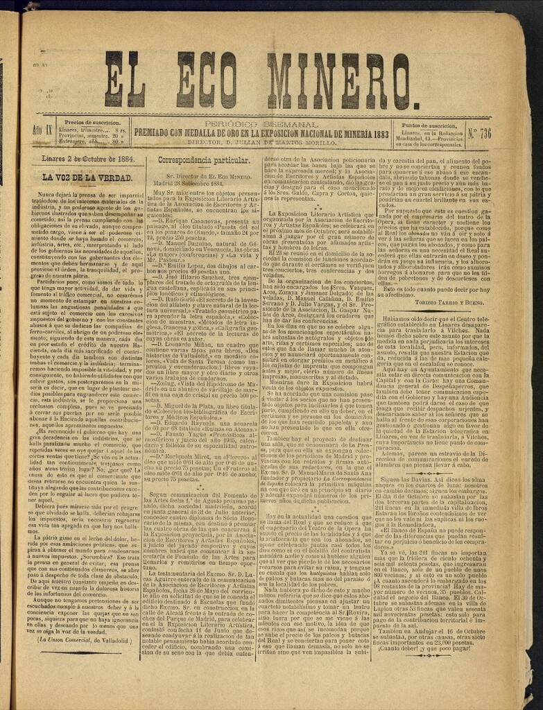 Miniatura de El Eco Minero : periódico bisemanal del 2 de octubre de 1884, nº 736