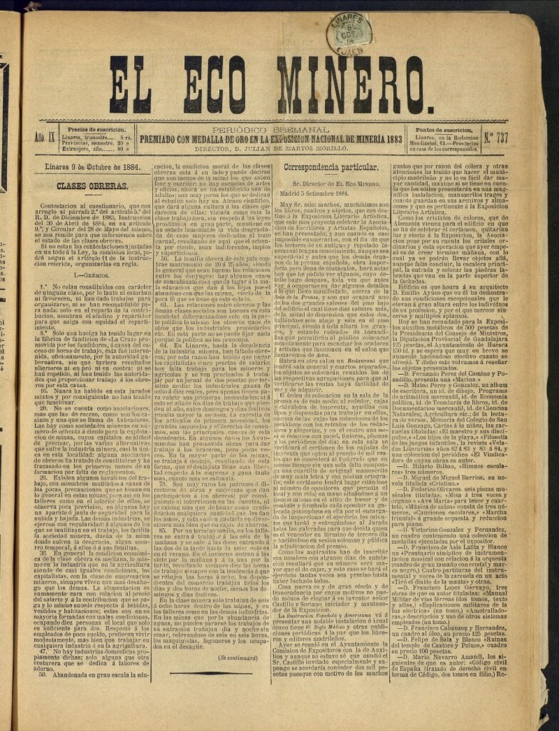 Miniatura de El Eco Minero : periódico bisemanal del 9 de octubre de 1884, nº 738
