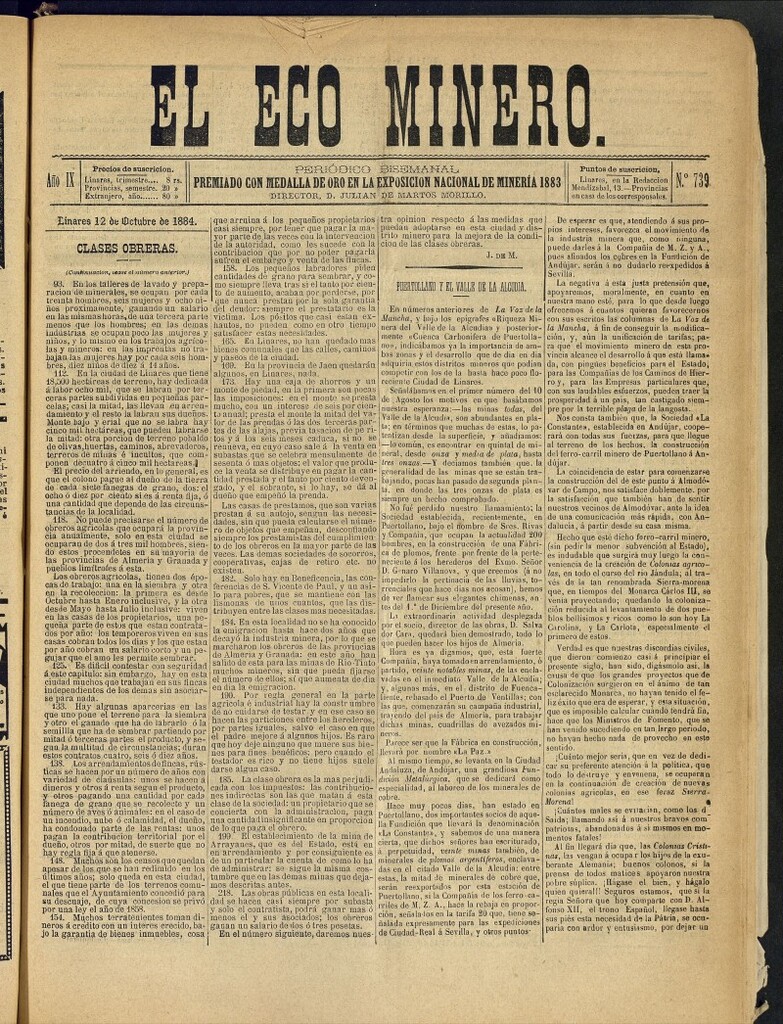 Miniatura de El Eco Minero : periódico bisemanal del 12 de octubre de 1884, nº 739
