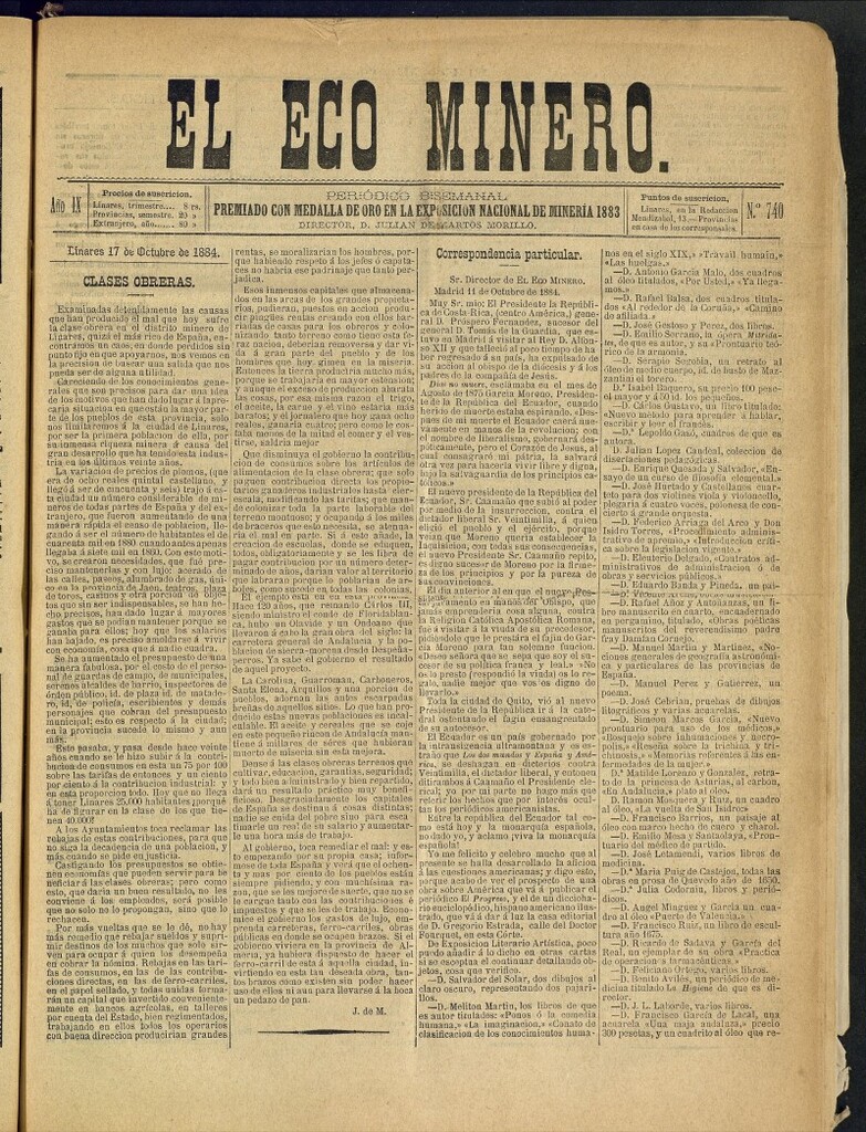 Miniatura de El Eco Minero : periódico bisemanal del 17 de octubre de 1884, nº 740