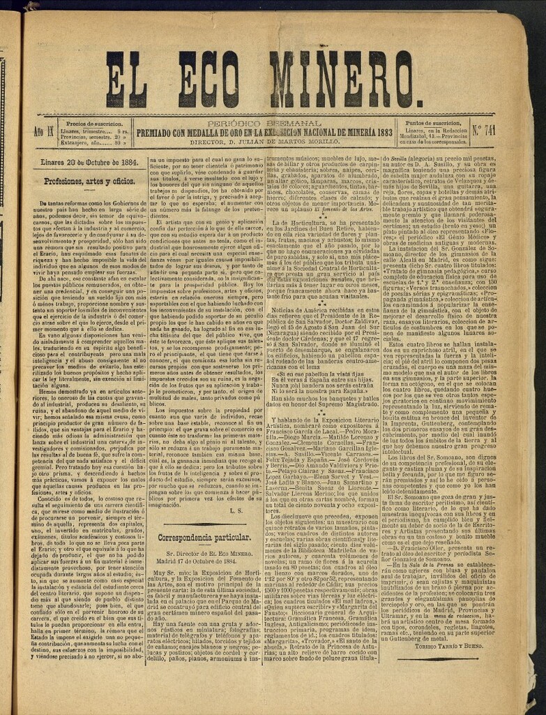Miniatura de El Eco Minero : periódico bisemanal del 20 de octubre de 1884, nº 741