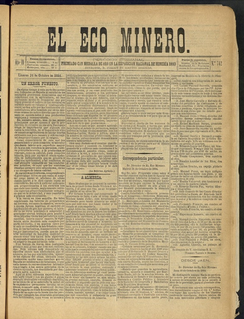 Miniatura de El Eco Minero : periódico bisemanal del 24 de octubre de 1884, nº 742