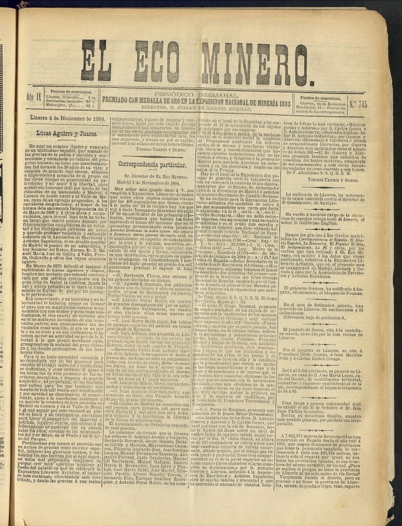 Miniatura de El Eco Minero : periódico bisemanal del 4 de noviembre de 1884, nº 745