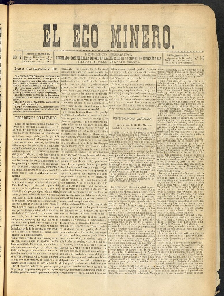 Miniatura de El Eco Minero : periódico bisemanal del 13 de noviembre de 1884, nº 747