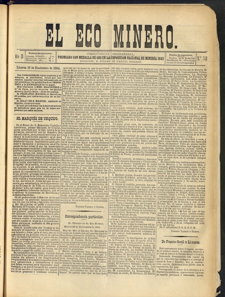 Miniatura de El Eco Minero : periódico bisemanal del 16 de noviembre de 1884, nº 748