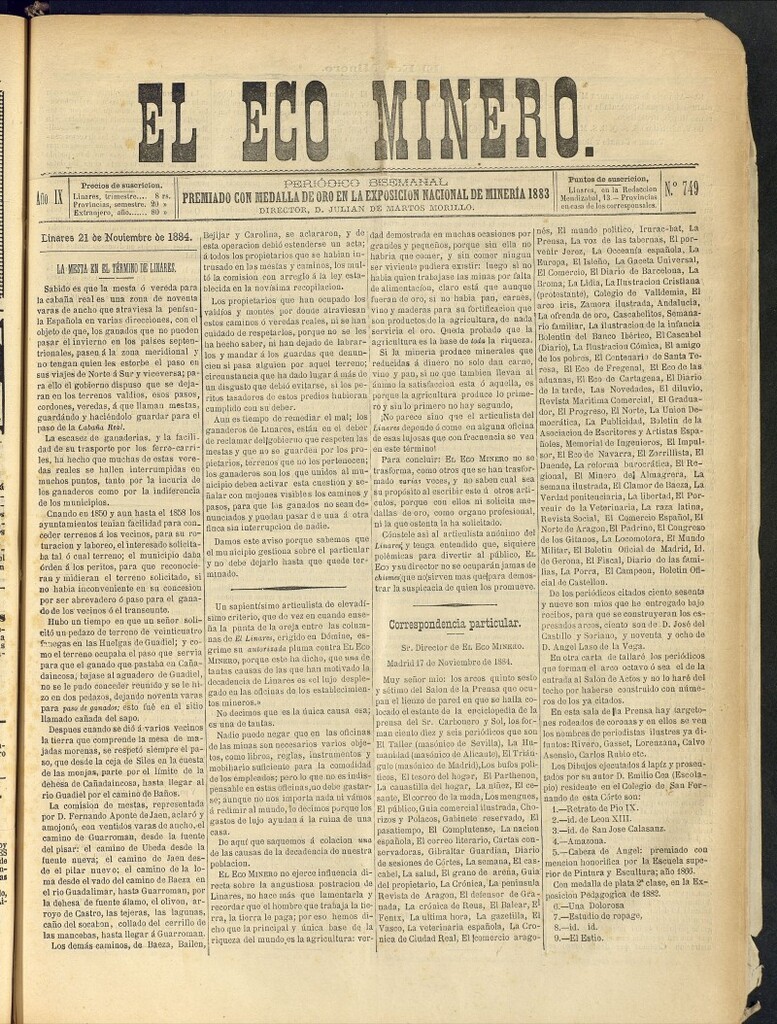 Miniatura de El Eco Minero : periódico bisemanal del 21 de noviembre de 1884, nº 749