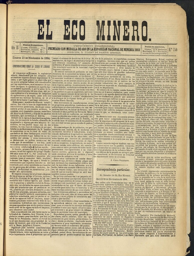 Miniatura de El Eco Minero : periódico bisemanal del 23 de noviembre de 1884, nº 750