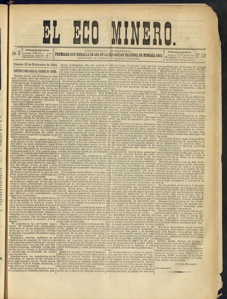 Miniatura de El Eco Minero : periódico bisemanal del 28 de noviembre de 1884,n º 751
