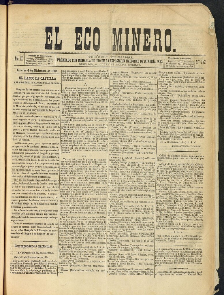 Miniatura de El Eco Minero : periódico bisemanal del 4 de diciembre de 1884, nº 752