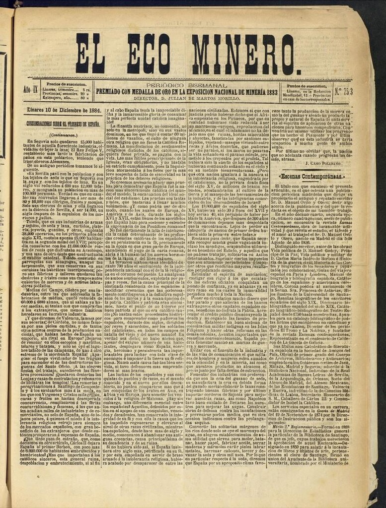 Miniatura de El Eco Minero : periódico bisemanal del 10 de diciembre de 1884, nº 753