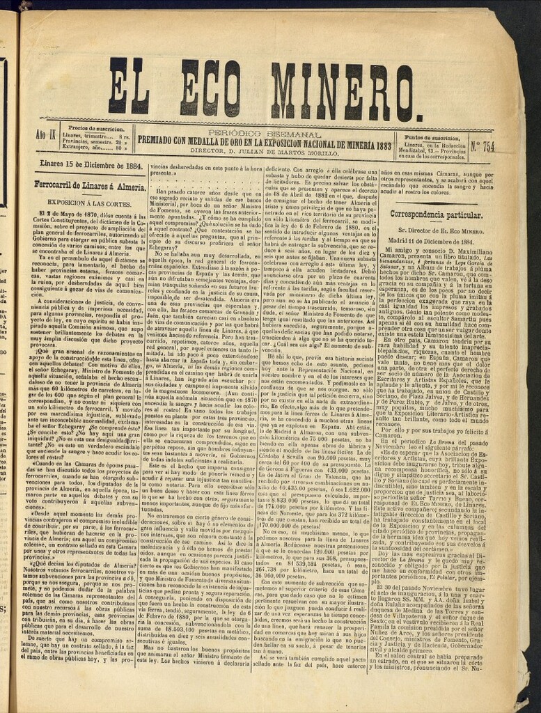 Miniatura de El Eco Minero : periódico bisemanal, del 15 de diciembre de 1884, nº 754