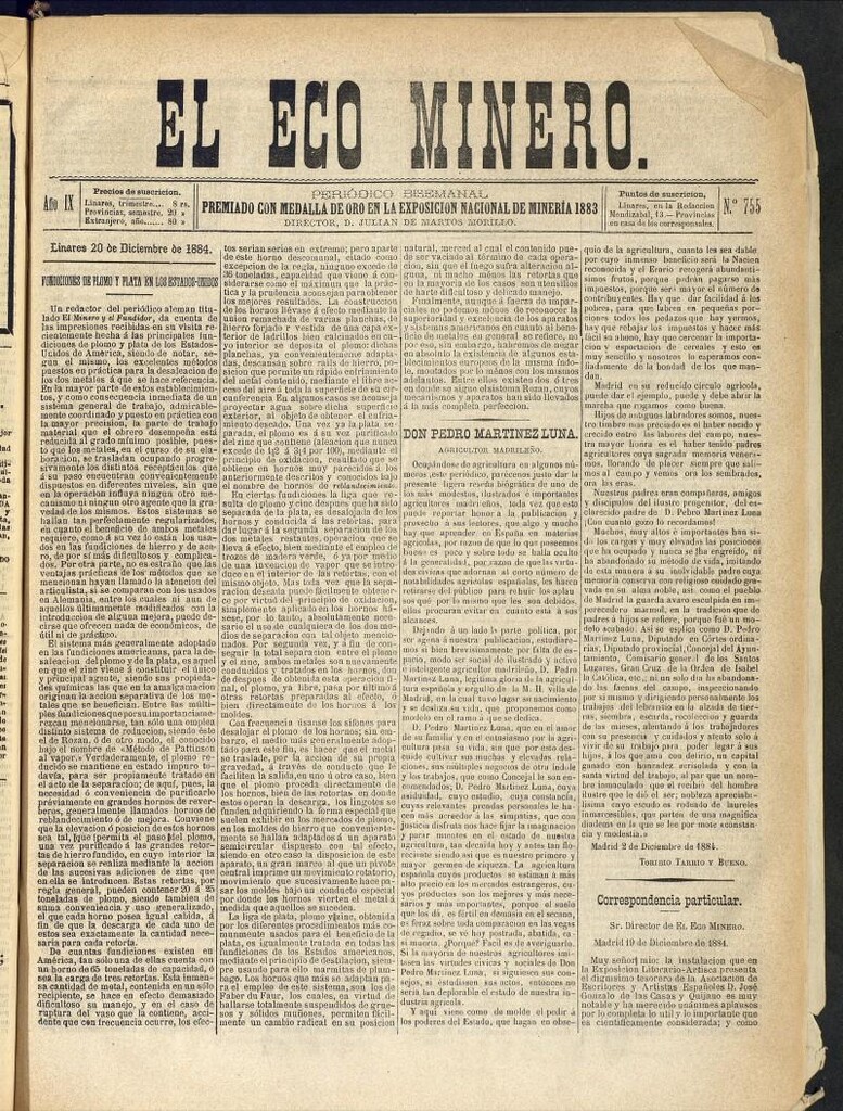 Miniatura de El Eco Minero : periódico bisemanal del 20 de diciembre de 1884, nº 755