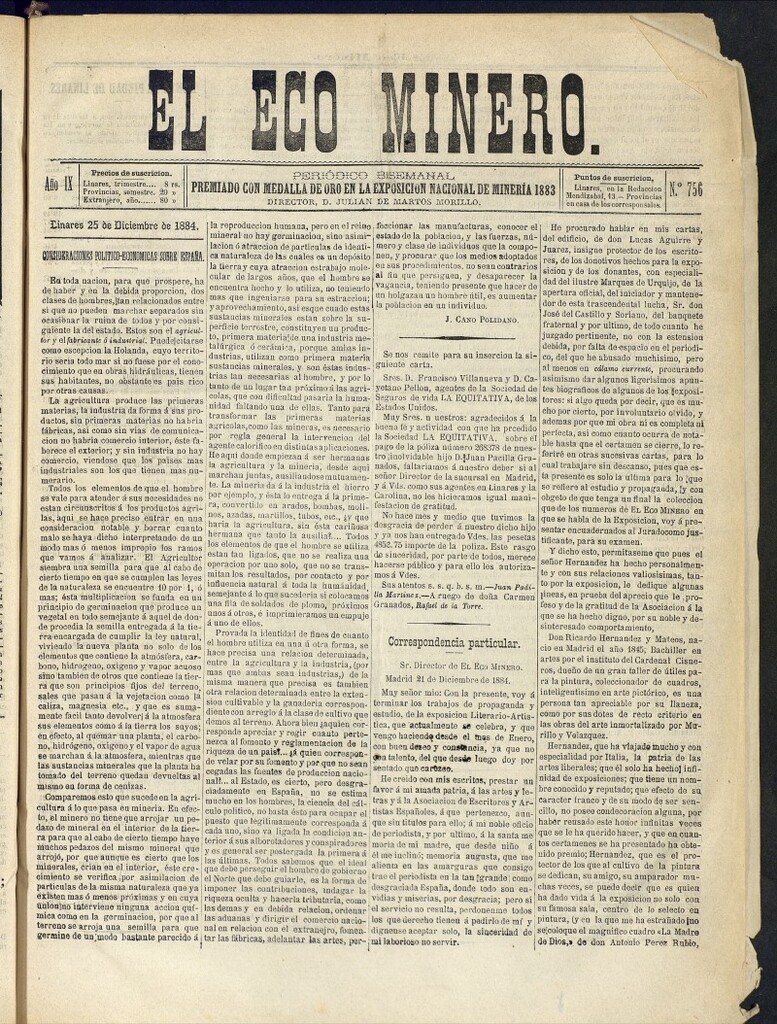 Miniatura de El Eco Minero : periódico bisemanal del 25 de diciembre de 1884, nº 756