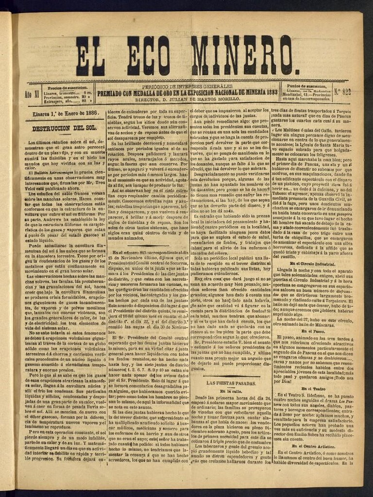 Miniatura de El Eco Minero : periódico bisemanal del 1 de enero de 1886, nº 822