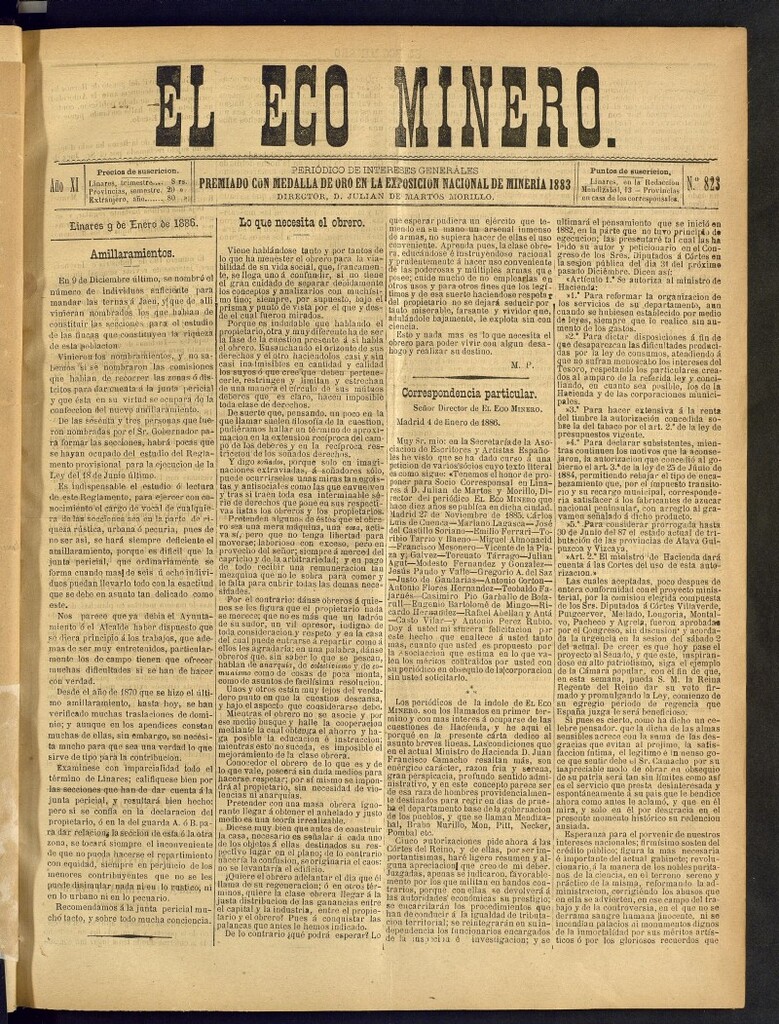 Miniatura de El Eco Minero : periódico bisemanal del 9 de enero de 1886, nº 823