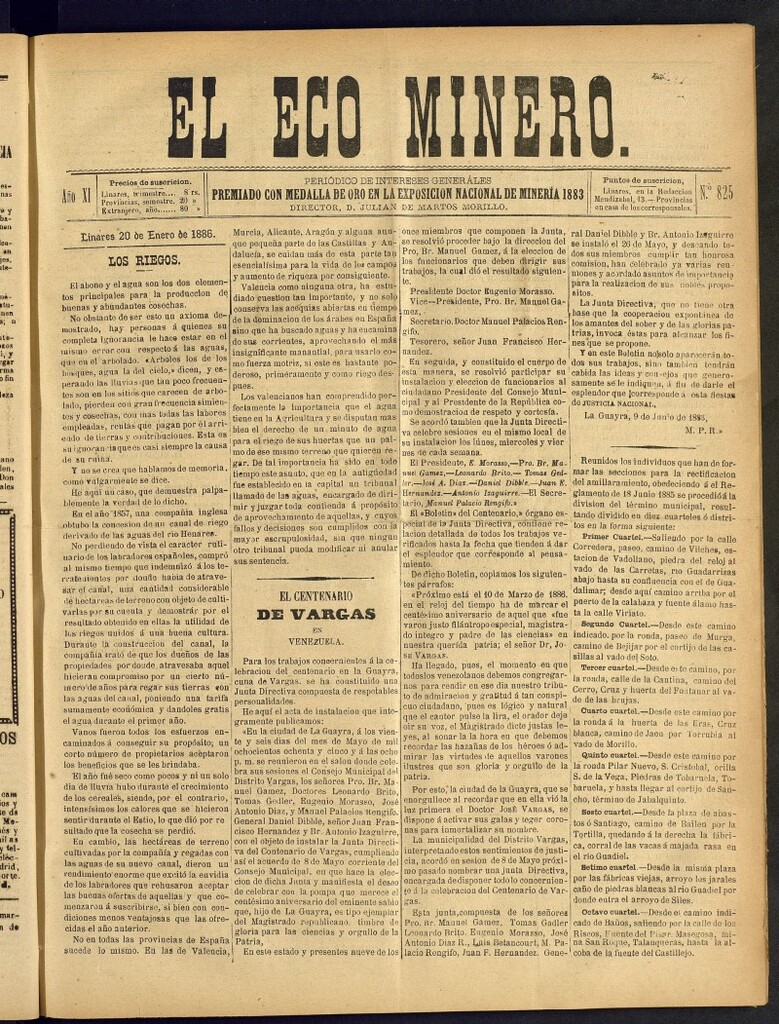 Miniatura de El Eco Minero : periódico bisemanal del 20 de enero de 1886, nº 825