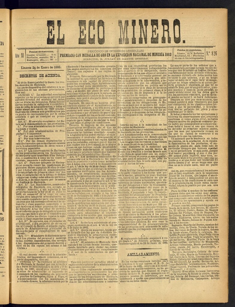 Miniatura de El Eco Minero : periódico bisemanal del 26 de enero de 1886, nº 826