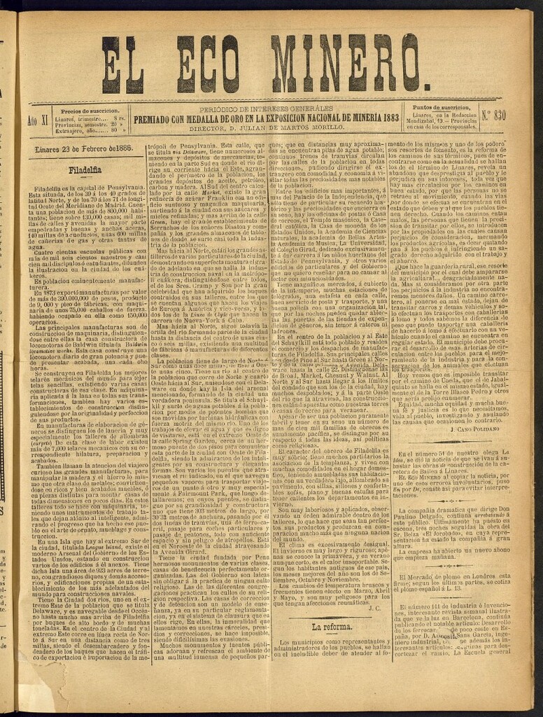 Miniatura de El Eco Minero : periódico bisemanal del 23 de febrero de 1886, nº 830