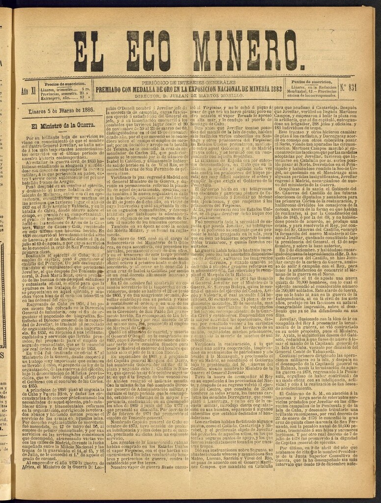 Miniatura de El Eco Minero : periódico bisemanal del 5 de marzo de 1886, nº 831