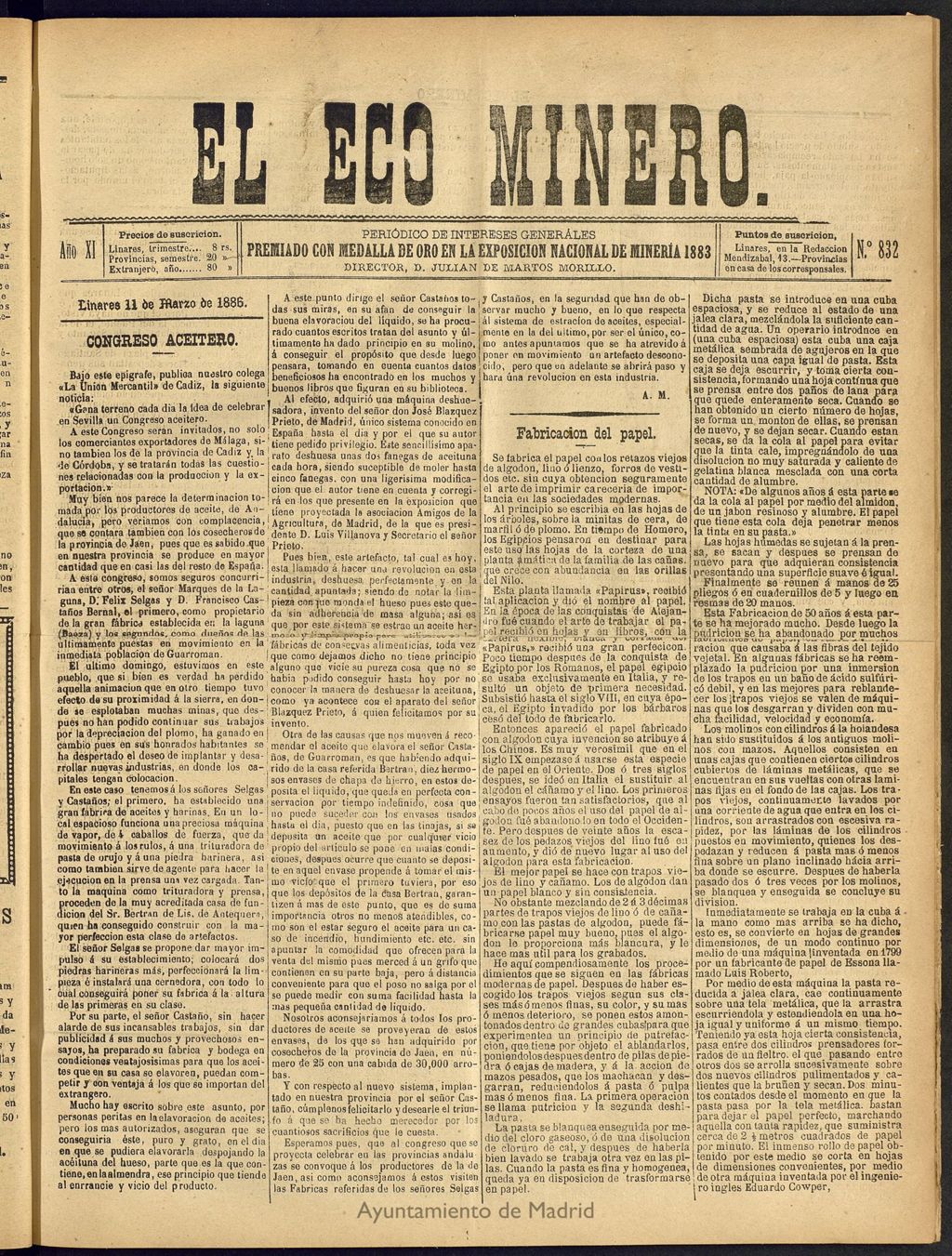 Miniatura de El Eco Minero : periódico bisemanal del 11 de marzo de 1886, nº 832