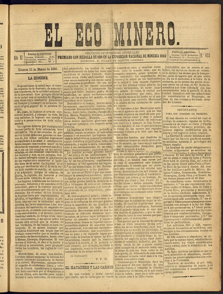 Miniatura de El Eco Minero : periódico bisemanal del 15 de marzo de 1886, nº 833