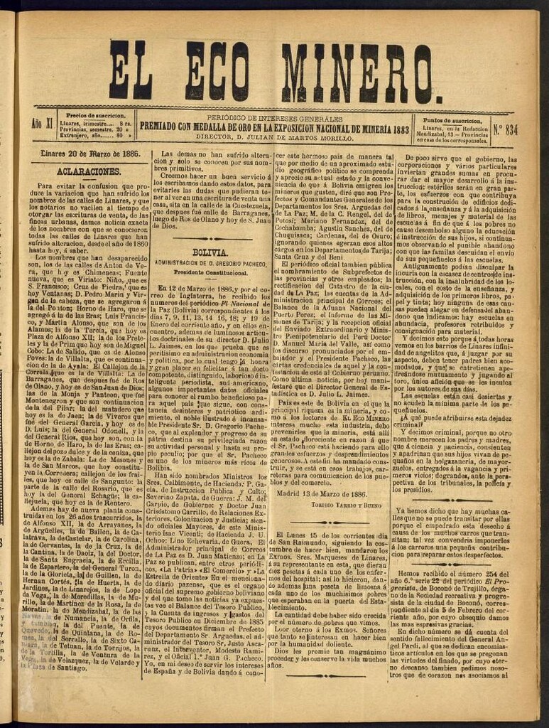 Miniatura de El Eco Minero : periódico bisemanal del 20 de marzo de 1886, nº 834