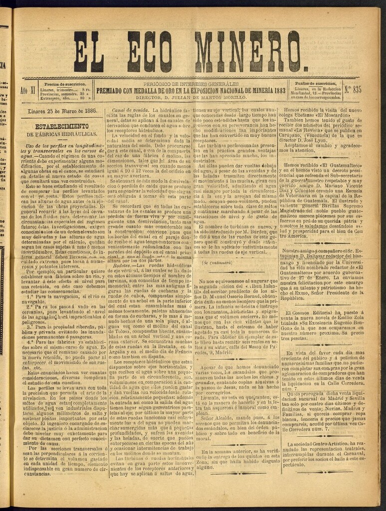 Miniatura de El Eco Minero : periódico bisemanal del 25 de marzo de 1886, nº 835