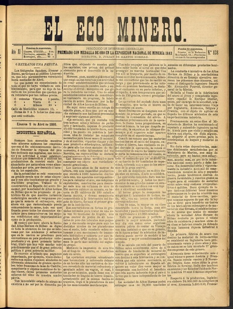 Miniatura de El Eco Minero : periódico bisemanal del 9 de abril de 1886, nº 838
