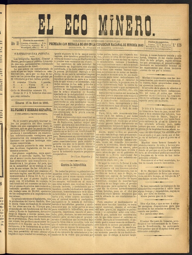 Miniatura de El Eco Minero : periódico bisemanal del 15 de abril de 1886, nº 839