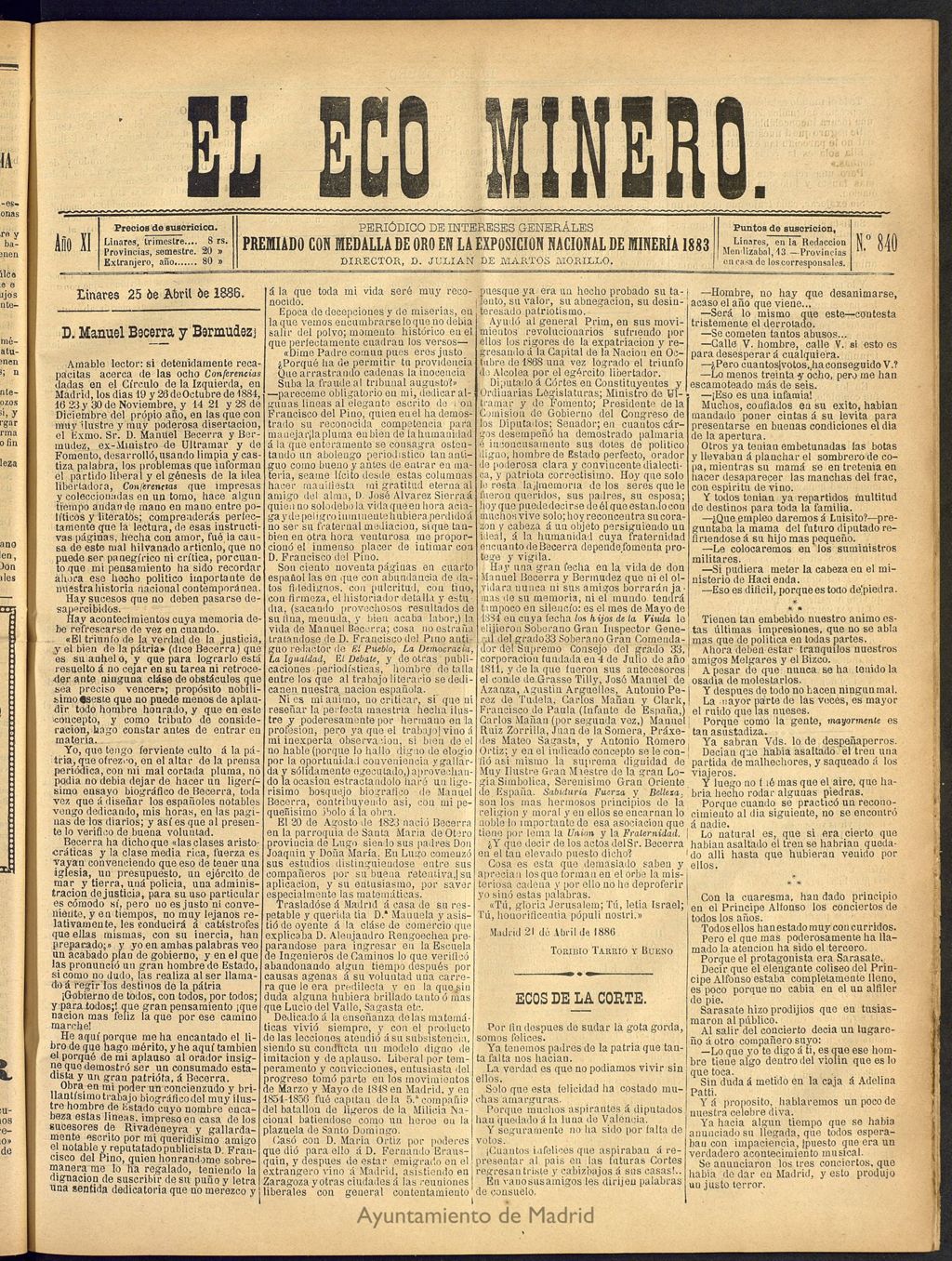 Miniatura de El Eco Minero : periódico bisemanal del 25 de abril de 1886, nº 840